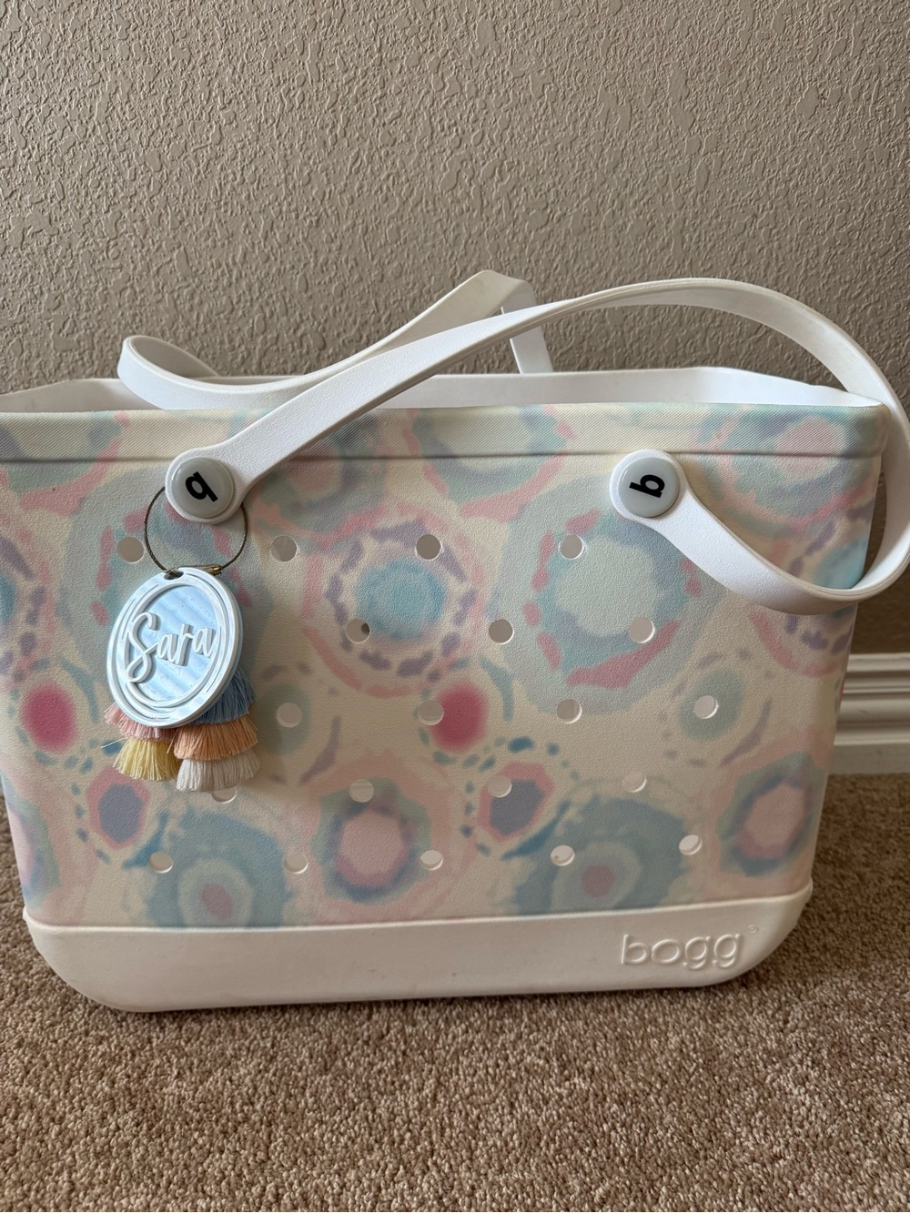 BOGG BAG Pastel Pink, Blue, Cream Watercolor Tote with Tassel Charm